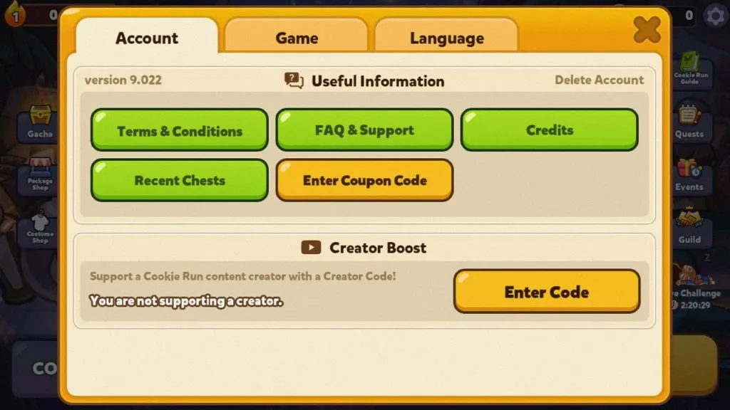 Menü zum Einlösen von Cookie Run: Overbreak-Code im Spiel