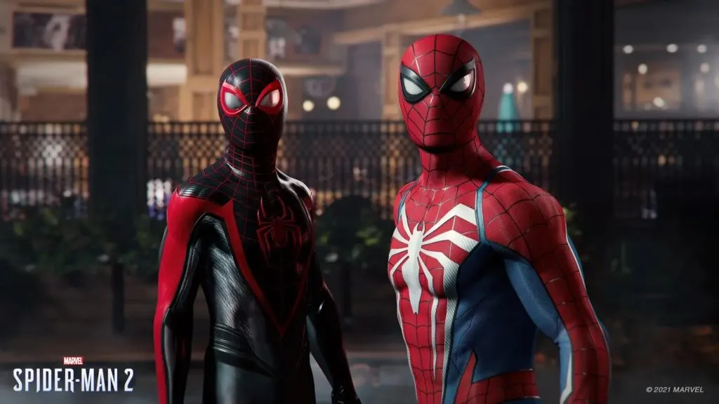 Ein Werbebild aus Marvels Spider-Man 2 von Peter Parker und Miles Morales.