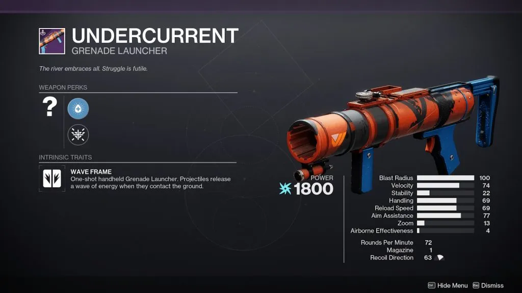 Estatísticas atuais do Arc Grenade Launcher em Destiny 2.