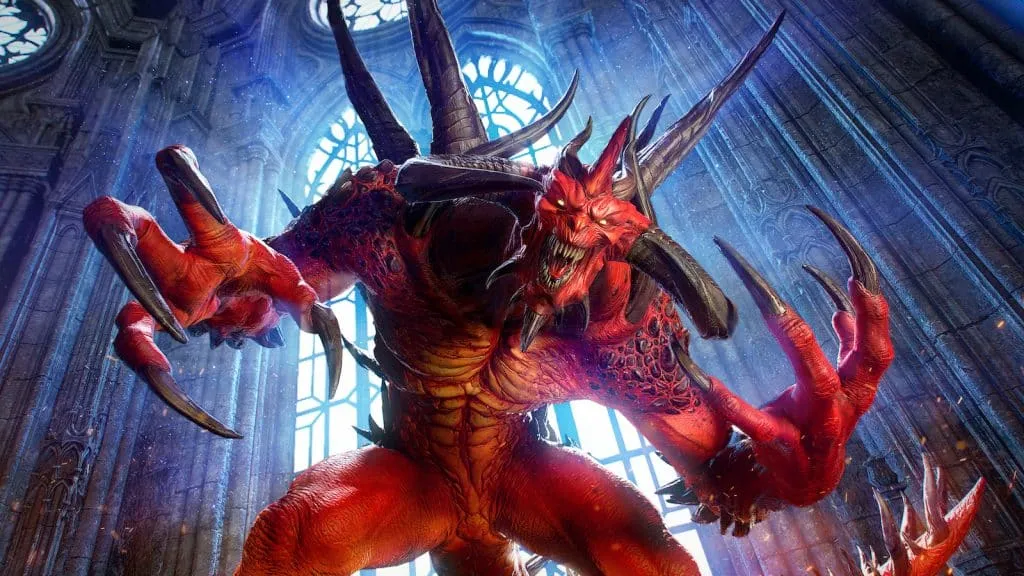 diablo 2 resucitado d2r diablo en una iglesia mira hacia la cámara