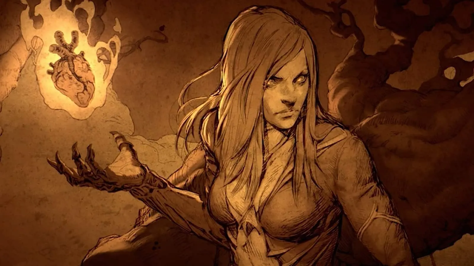 Illustration représentant la Nécromancienne féminine de Diablo 3 tenant un phylactère au cœur enflammé