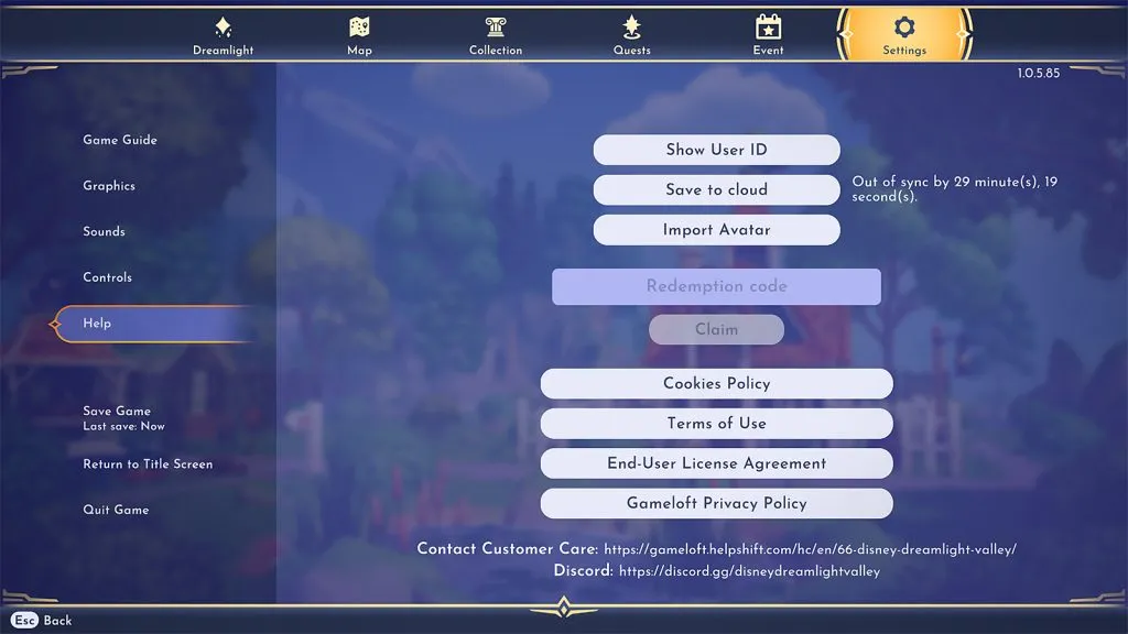 L'écran du menu Aide avec la boîte de codes d'échange dans Disney Dreamlight Valley