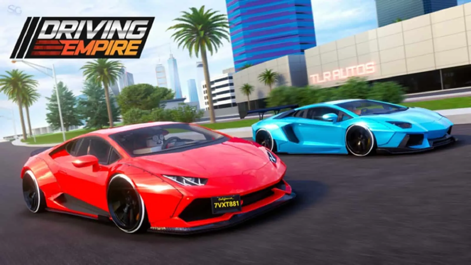 copertina di Driving Empire in Roblox con un'auto rossa e una blu.