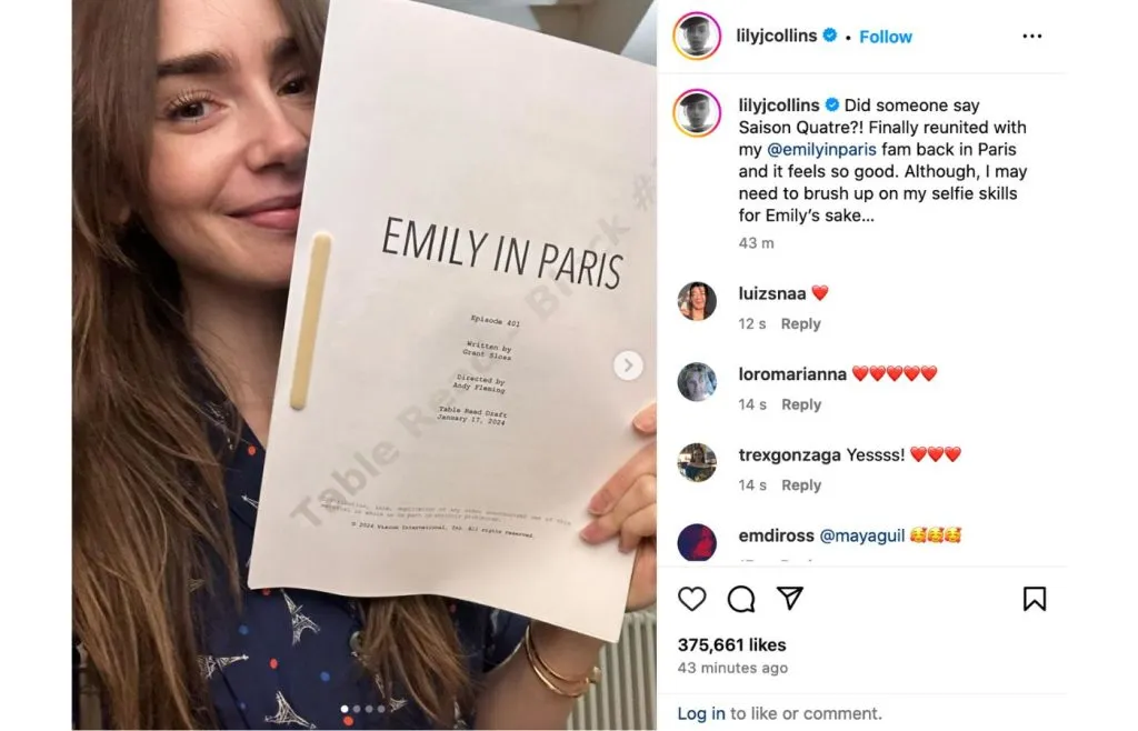 Lily Collins' Instagram-Beitrag für Emily in Paris Staffel 4