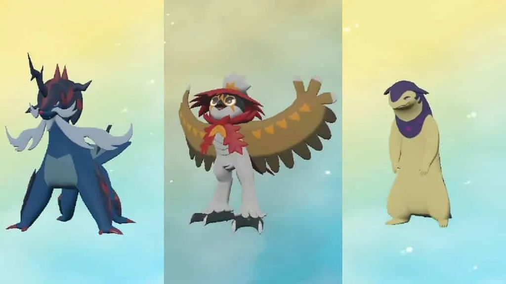 포켓몬 레전드 Arceus에 등장하는 Decidueye, Typhlosion 및 Samurott의 Hisuian 형태 이미지