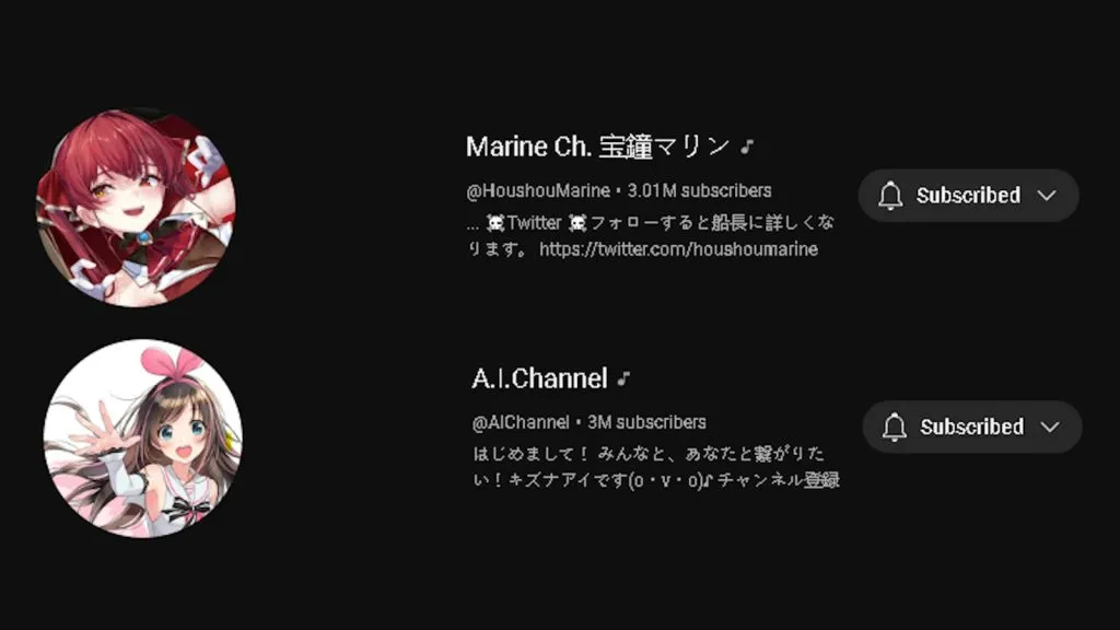 Contagem de assinantes de Houshou Marine e Kizuna Ai no YouTube a partir de janeiro de 2024.