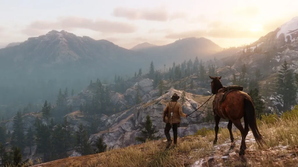 Un'immagine da Red Dead Redemption 2 di Arthur Morgan e un cavallo.