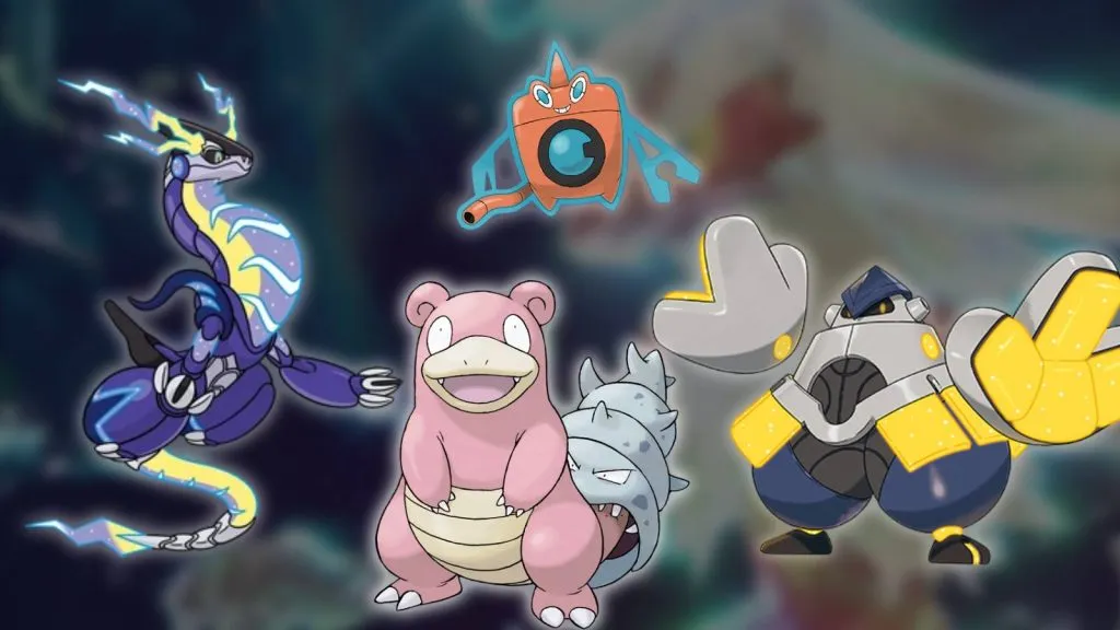 I Pokemon Miraidon, Slowbro, Wash Rotom e Iron Hands sono tutti visibili su uno sfondo sfocato