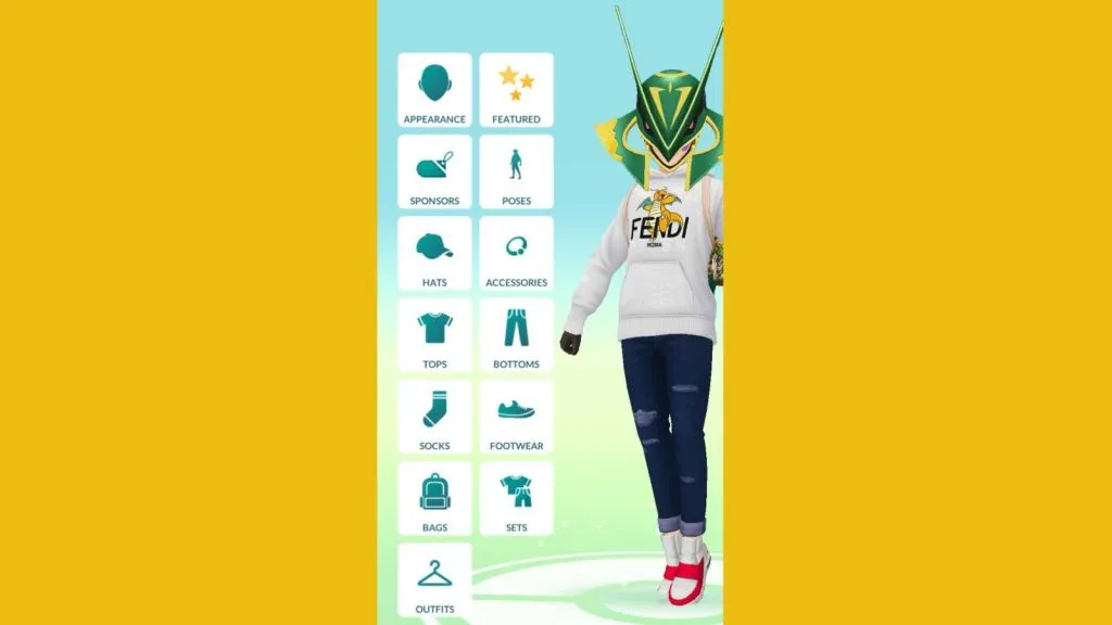 Le menu de style Pokemon Go est visible sur fond jaune, avec un personnage joueur portant le sweat à capuche Fendi Dragonite et un chapeau Rayquaza.