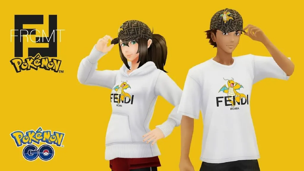 Se ven dos personajes de jugadores de Pokémon Go, que llevan los elementos de avatar del juego Pokémon Go x Fendi x Frgmt.