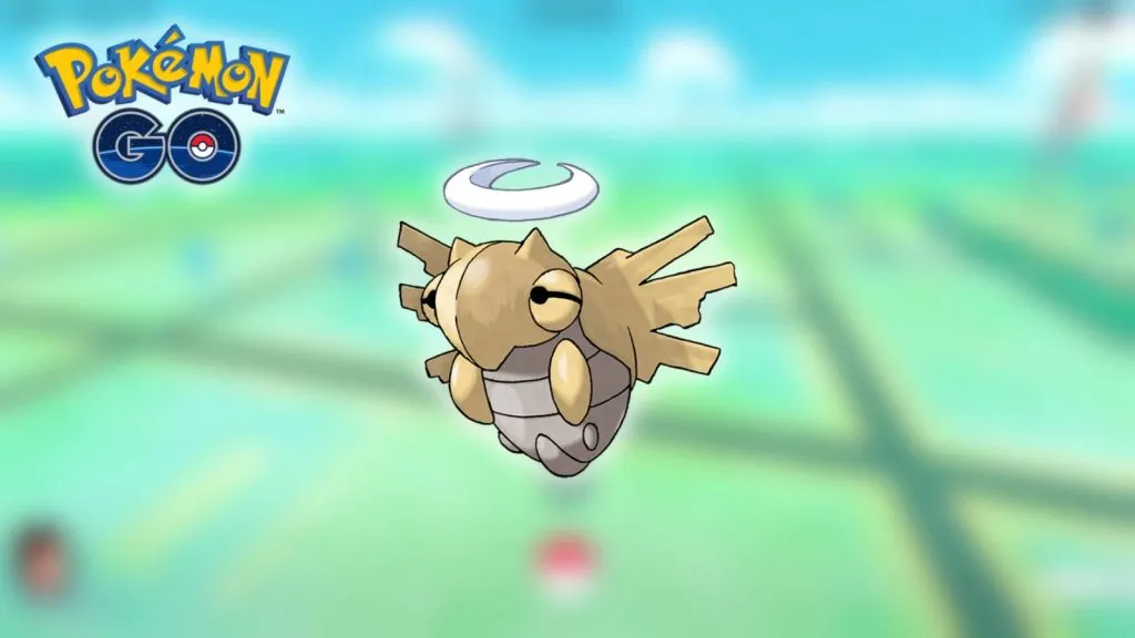 El Pokémon Shedinja aparece sobre un fondo borroso.