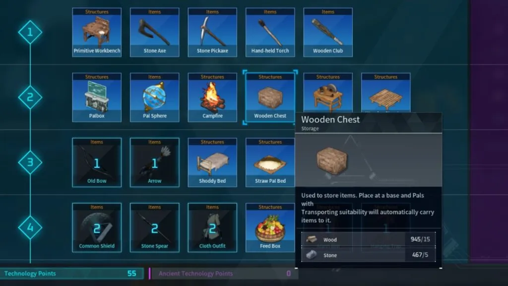 Palworld の [テクノロジー] タブにある [木製チェスト] ストレージ オプションを特徴とするスクリーンショット。