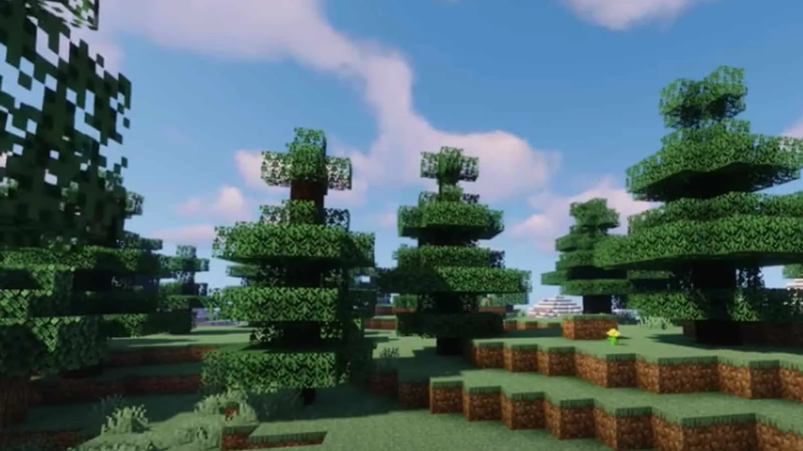 Una foresta luminosa in Minecraft utilizzando uno shader pack