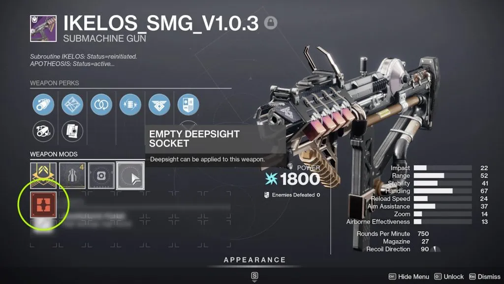 Verwendung eines Deepsight Harmonizers auf IKELOS_SMG, um es in Destiny 2 in einen roten Rand umzuwandeln.