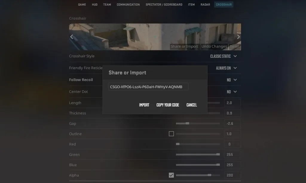 cs2 importar configurações de código de mira