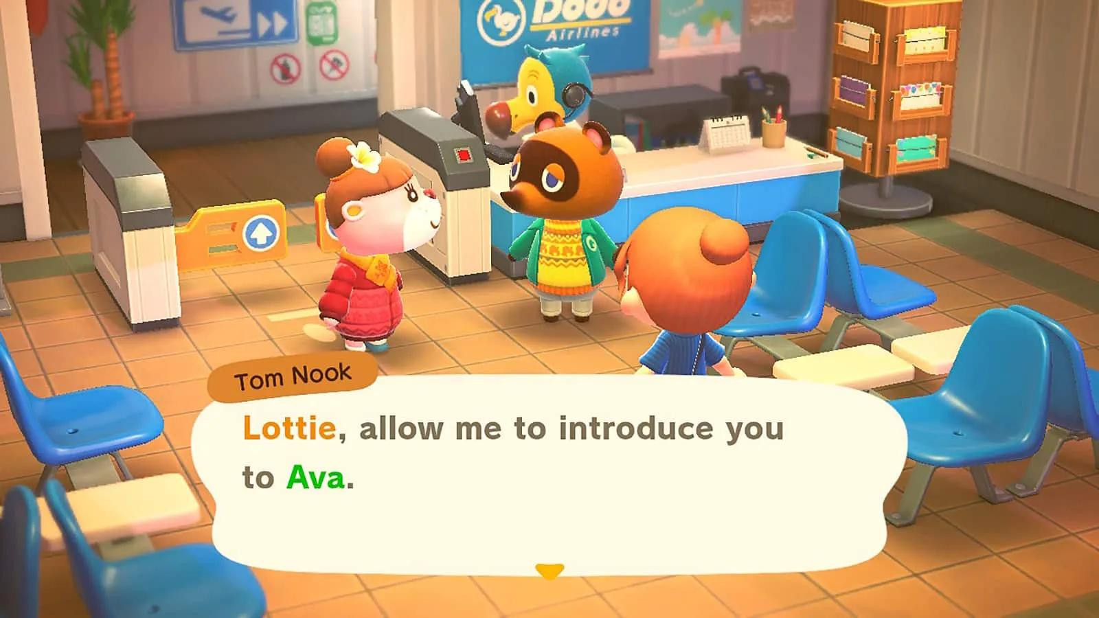 Lottie et Tom Nook à l'aéroport de Player Island pour lancer le DLC Happy Home Paradise