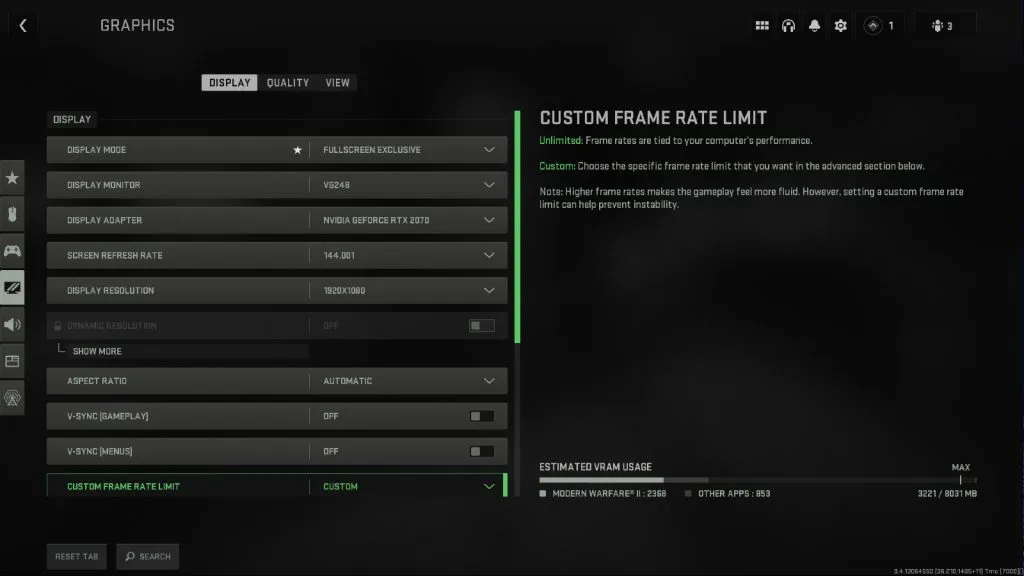 Una imagen de la configuración de visualización de Modern Warfare 2 que los jugadores pueden ajustar para obtener la mejor configuración posible.