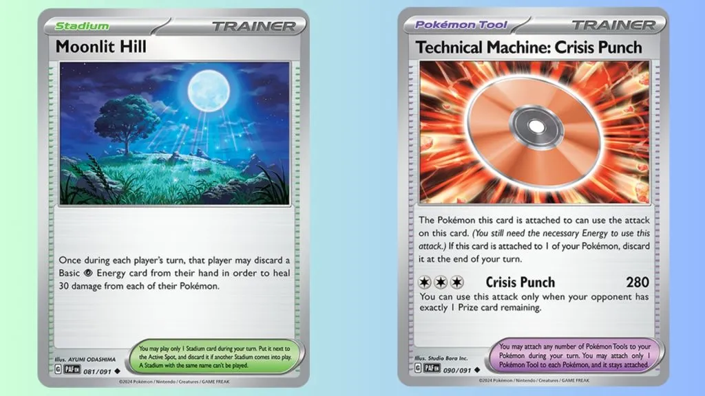 Cartas Pokémon TCG: Moonlit Hill e TM: Crisis Punch de Paldean Fates