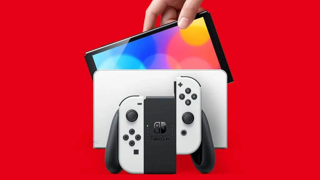 modelo nintendo switch oled sendo colocado no dock com controlador joycon na frente.