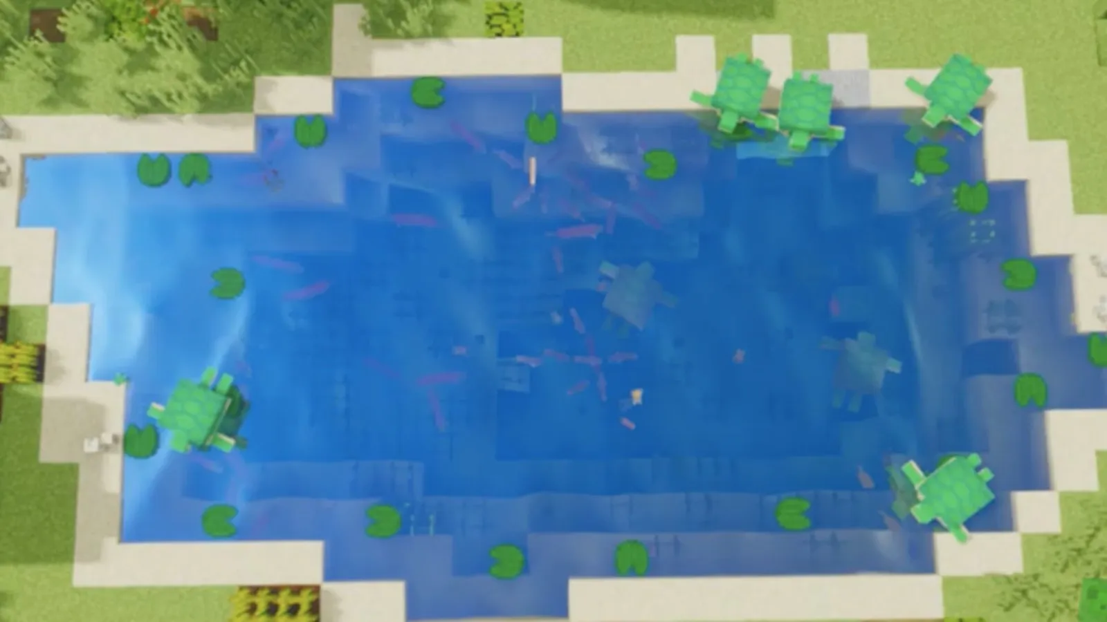 Un lago con tartarughe in Minecraft usando uno shader pack