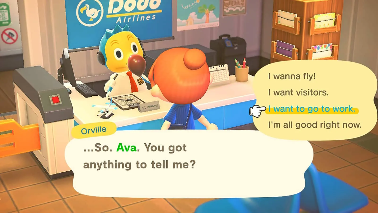 Un joueur demandant à Orville d'aller à Happy Home Paradise chez Dodo Airlines dans Animal Crossing: New Horizons