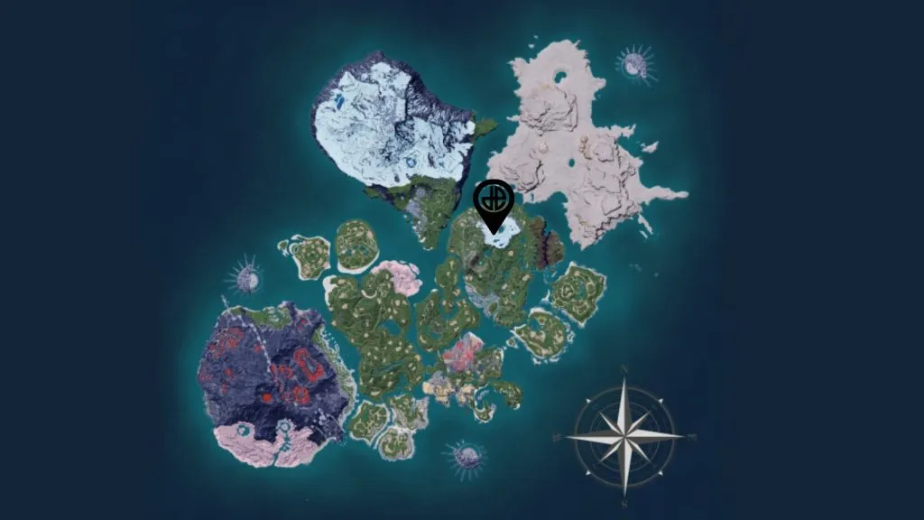 Mapa mundial Palworld com Frostbound Mountains marcadas