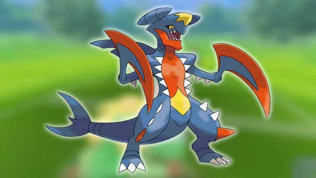 Mega Garchomp erscheint vor einem verschwommenen Hintergrund