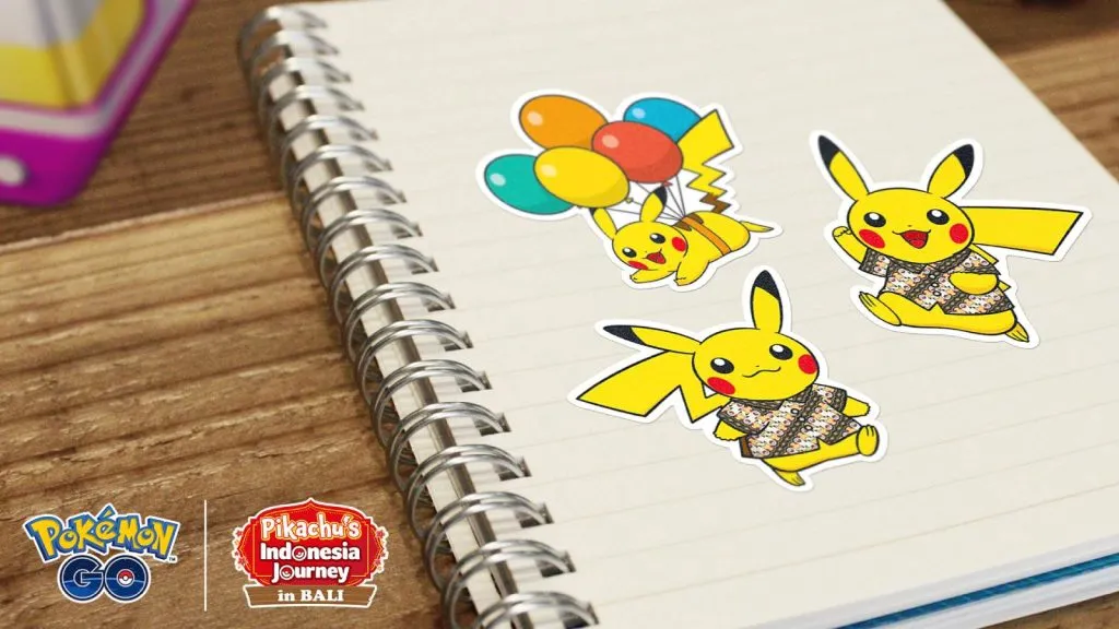 El arte clave del viaje a Indonesia de Pokémon Go Pikachu muestra un libro con varias pegatinas de Pikachu.