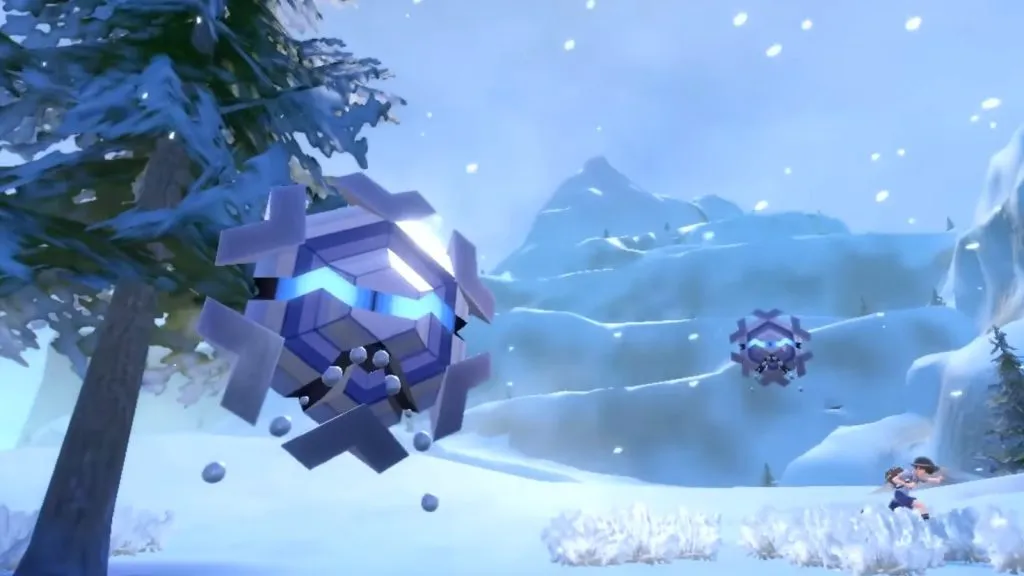 Deux Crygonal parcourent un biome glacé dans Pokémon Écarlate et Violet.