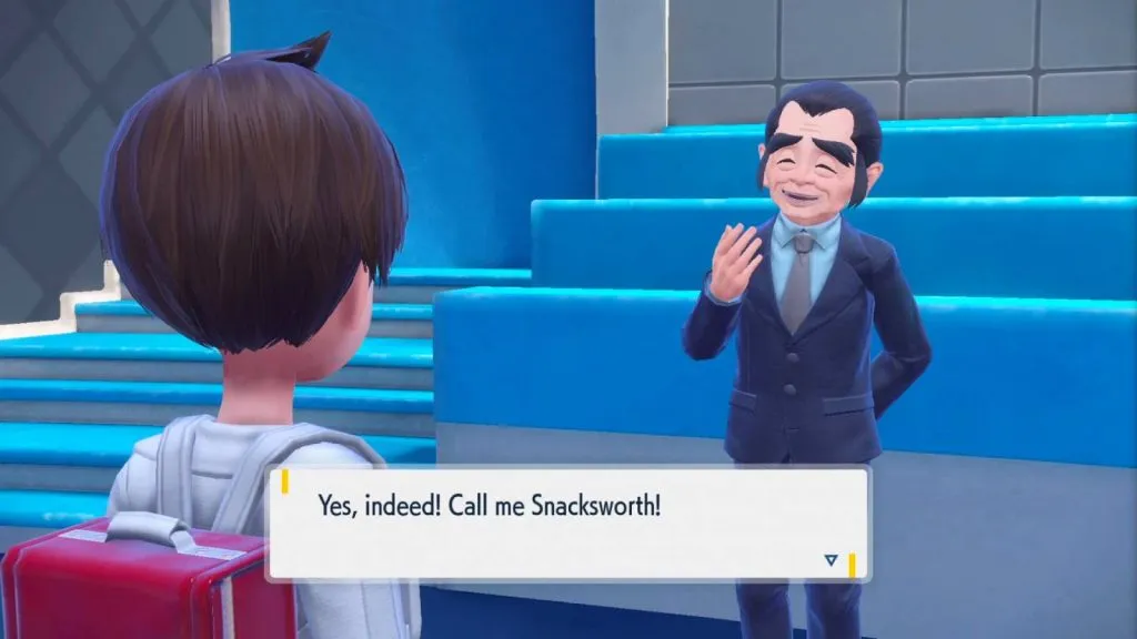 Ein Pokémon-Trainer nähert sich dem Charakter Snacksworth. Text liest