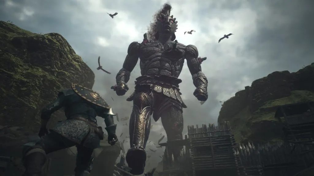 Uma imagem de Dragon's Dogma 2 apresentando o jogador seguindo um inimigo gigante.