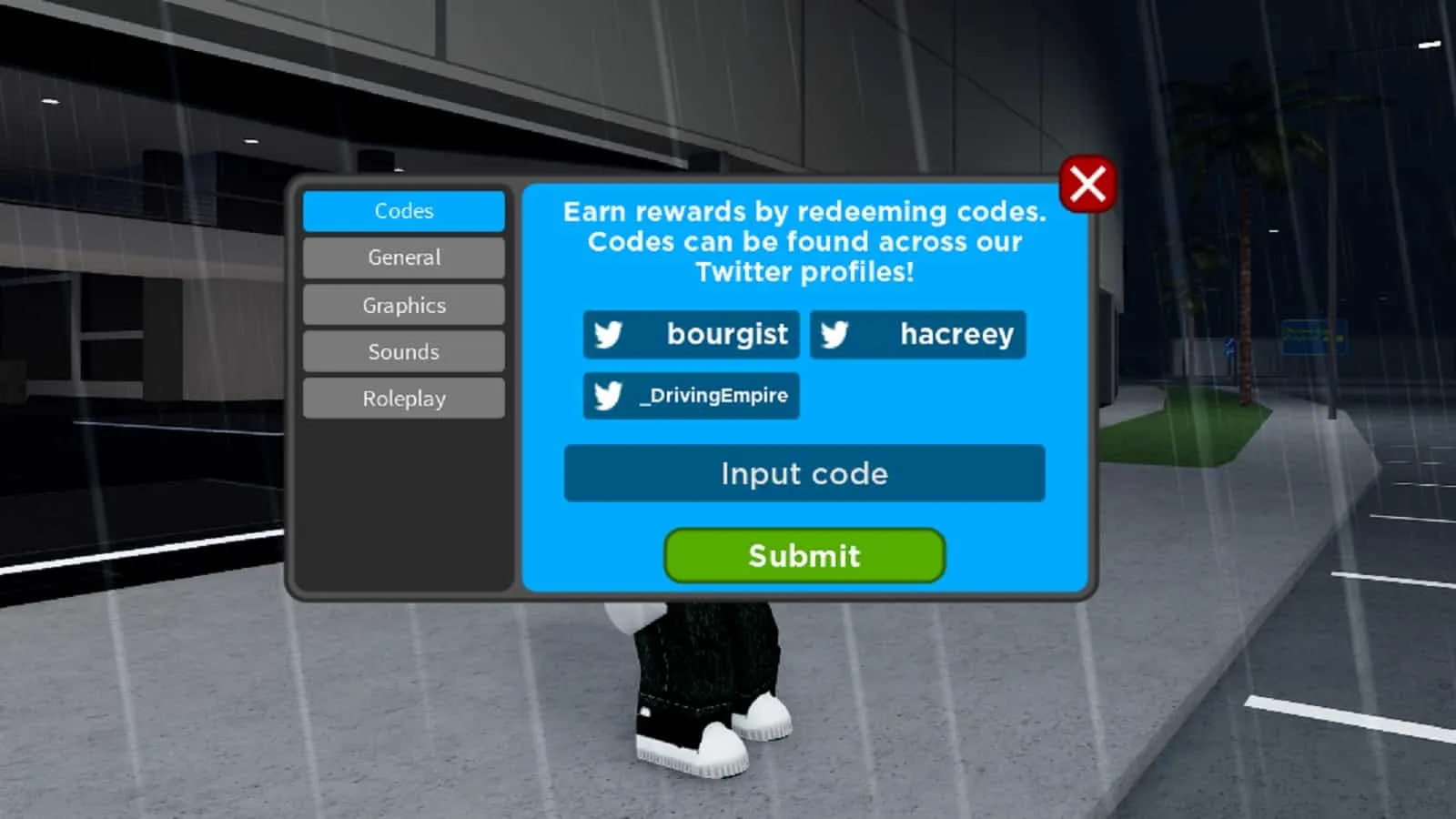 écran d'échange de code dans Driving Empire sur Roblox