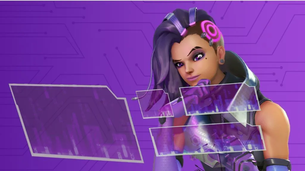 Una copertina con Sombra della modalità Quicker Play a tempo limitato di Overwatch 2.