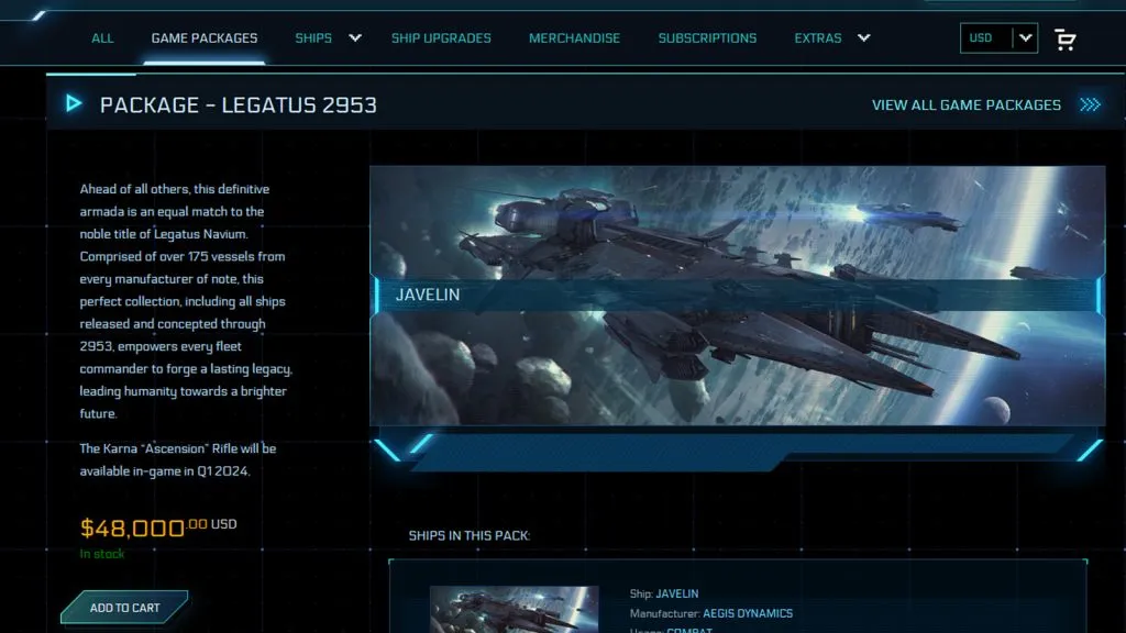 Star Citizen のオンライン ショップで入手できる Legatus 2953 バンドルのスクリーンショット