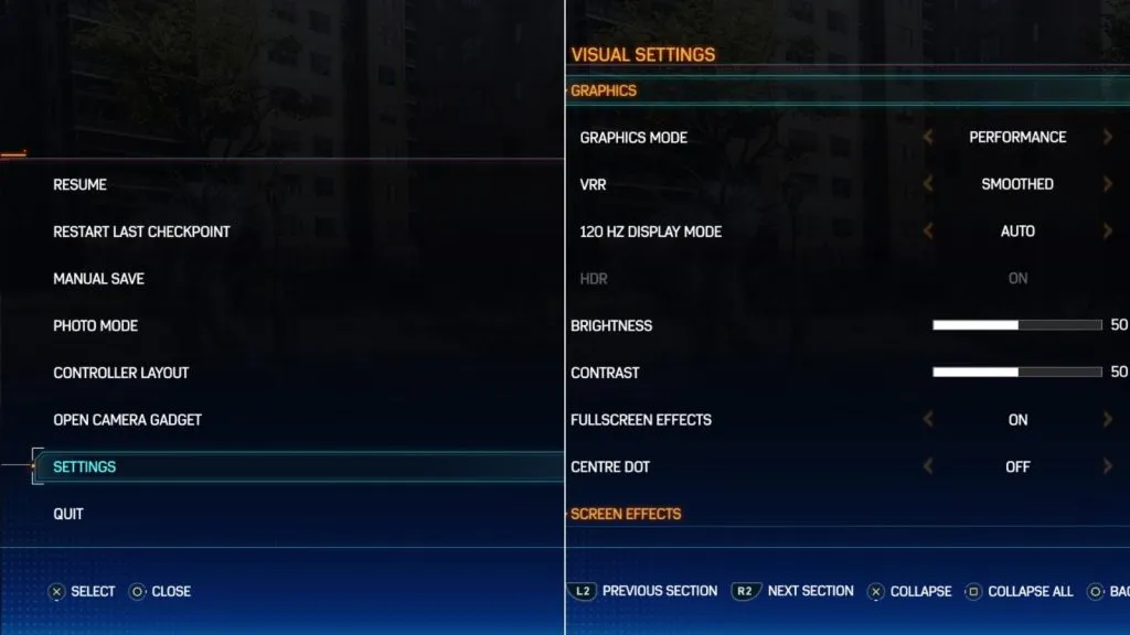 Menu principal de configurações visuais no Homem-Aranha 2