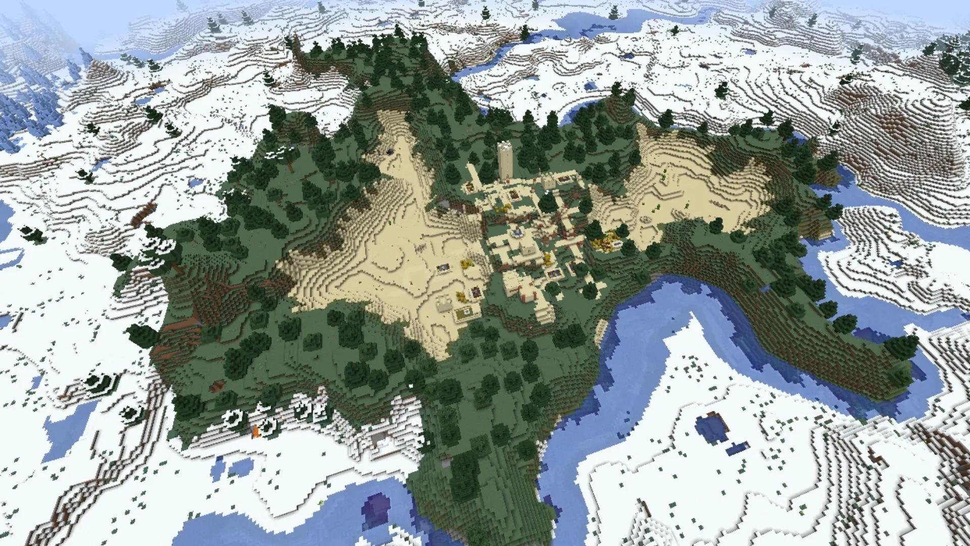 Un villaggio nascosto nel deserto di Minecraft circondato dall'acqua.