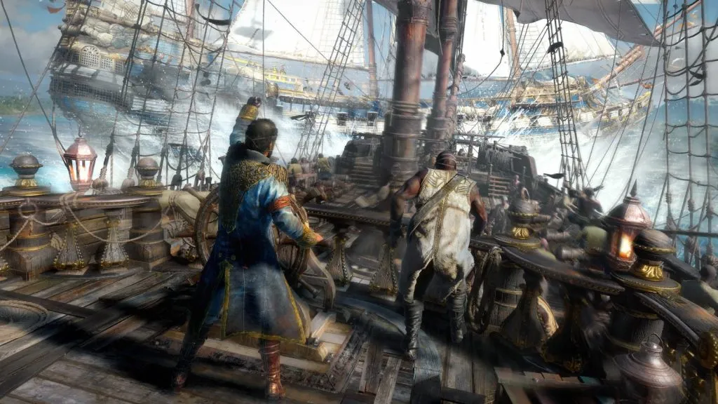 Un capitaine se tient à la barre de son navire lors d'un violent combat naval dans Skull and Bones