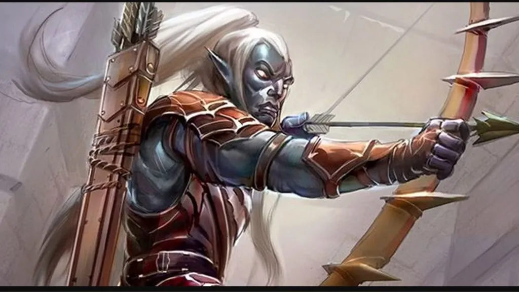 Drow Ranger가 Dungeons & Dragons에서 활을 당기고 있습니다.