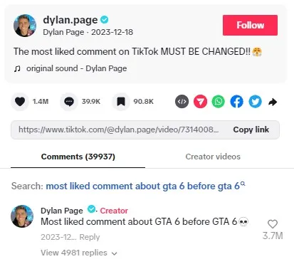 迪倫佩奇 (Dylan Page) TikTok 獲點讚最多的評論。