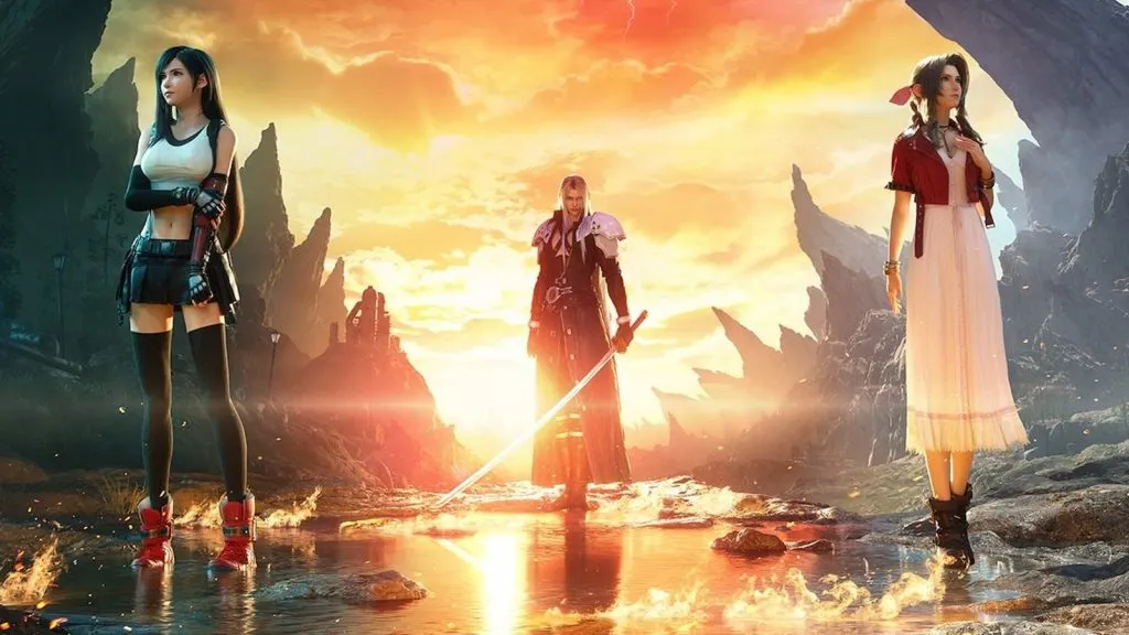 Aerith, Tifa und Sephiroth in der Schlüsselgrafik von Final Fantasy VII Rebirth