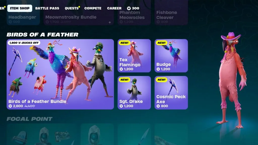 Skins e pacotes de cosméticos do Fortnite Birds of a Feather na Loja de Itens.