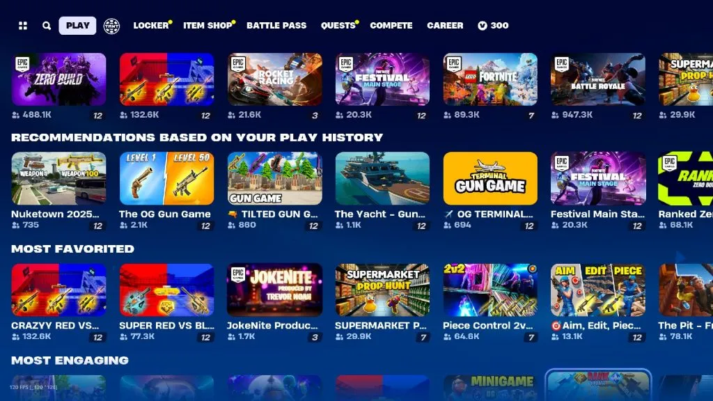 Guia Fortnite Discovery mostrando todos os mapas disponíveis para jogar.