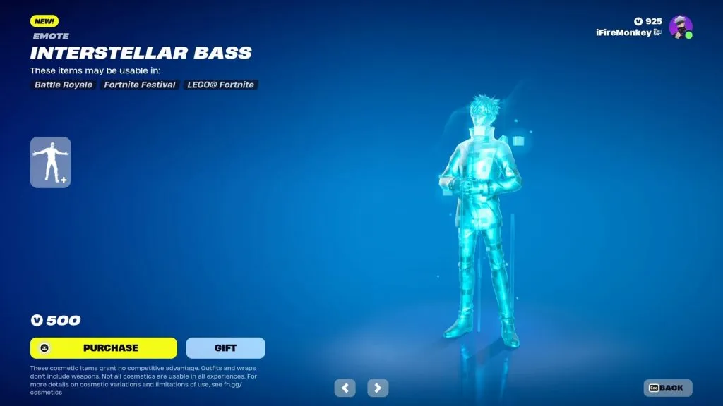 Fortnite Interstellar Bass 감정 표현이 매장에 있습니다.