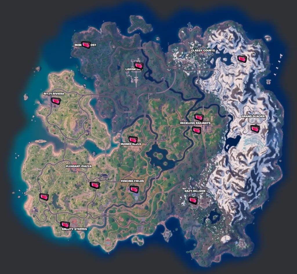 Tous les emplacements des caisses d’armes Fortnite sur la carte.