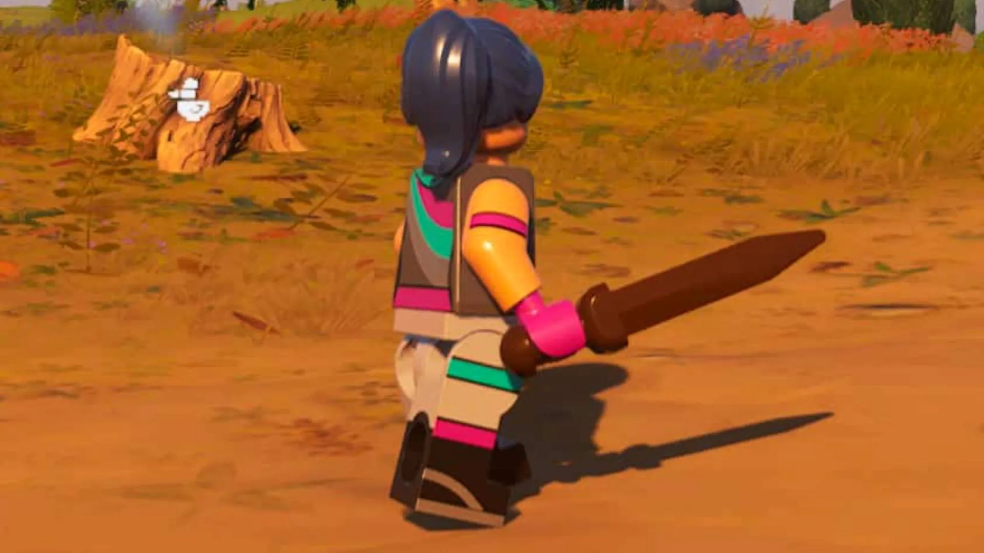 Um jogador com uma espada em LEGO Fortnite.