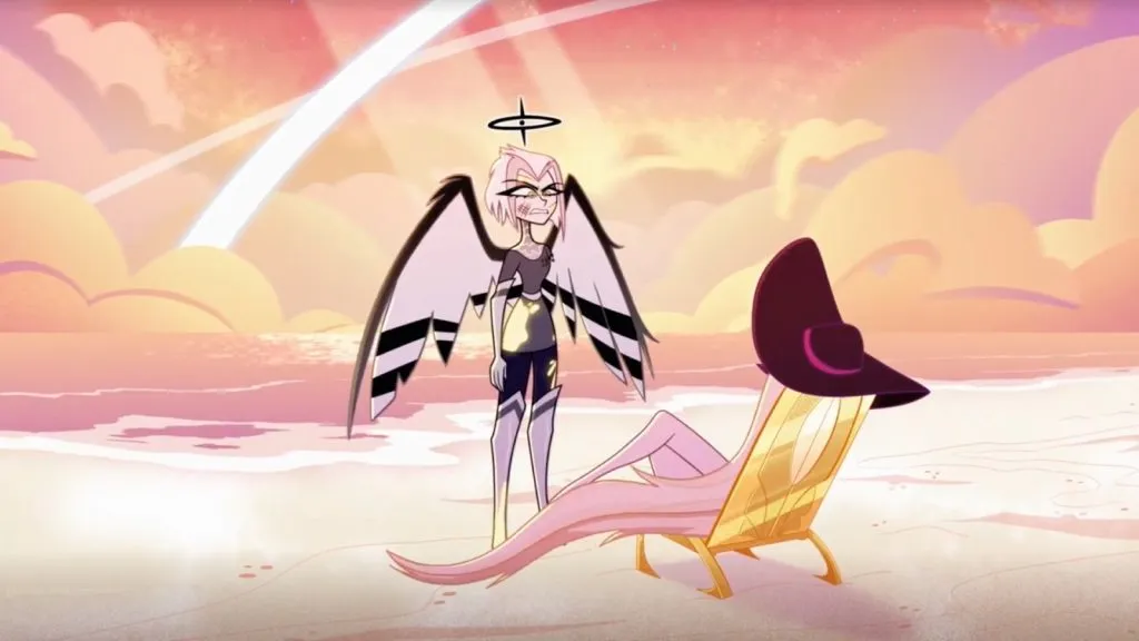 Lute und Lilith in Hazbin Hotel Folge 8 an einem Strand.