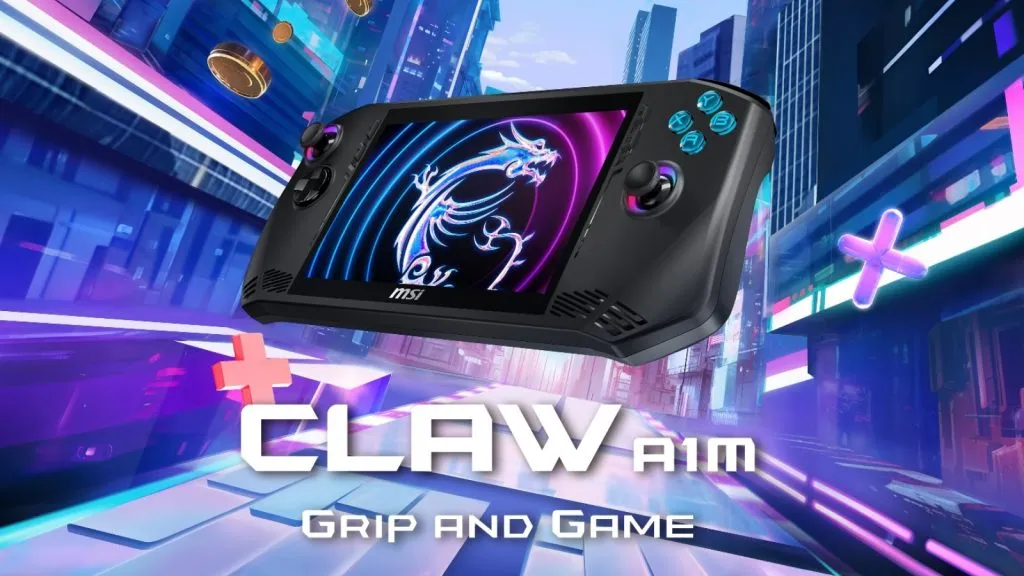 MSI Claw su uno sfondo cyberpunk intriso di neon con