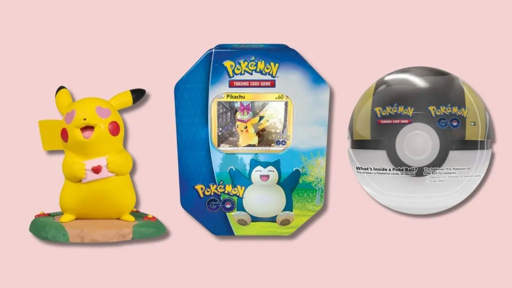 Przedmioty do rozdania z okazji Dnia Pokemon 2024, w tym posąg Pikachu, puszka Pokemon Go i puszka Ultra Ball.