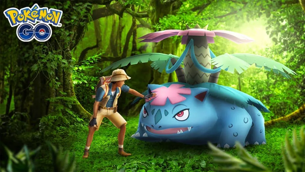 Mega Venusaur pojawiający się w klasyku z okazji Dnia Społeczności Pokemon Go Bulbasaur