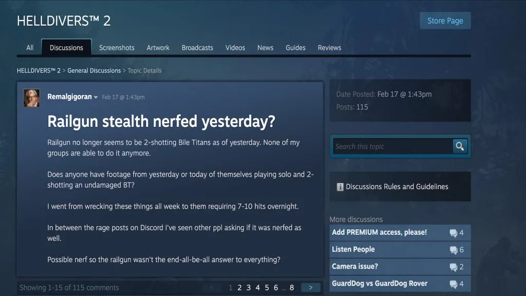 Helldivers 2 comenta sobre o nerf do Railgun no Steam